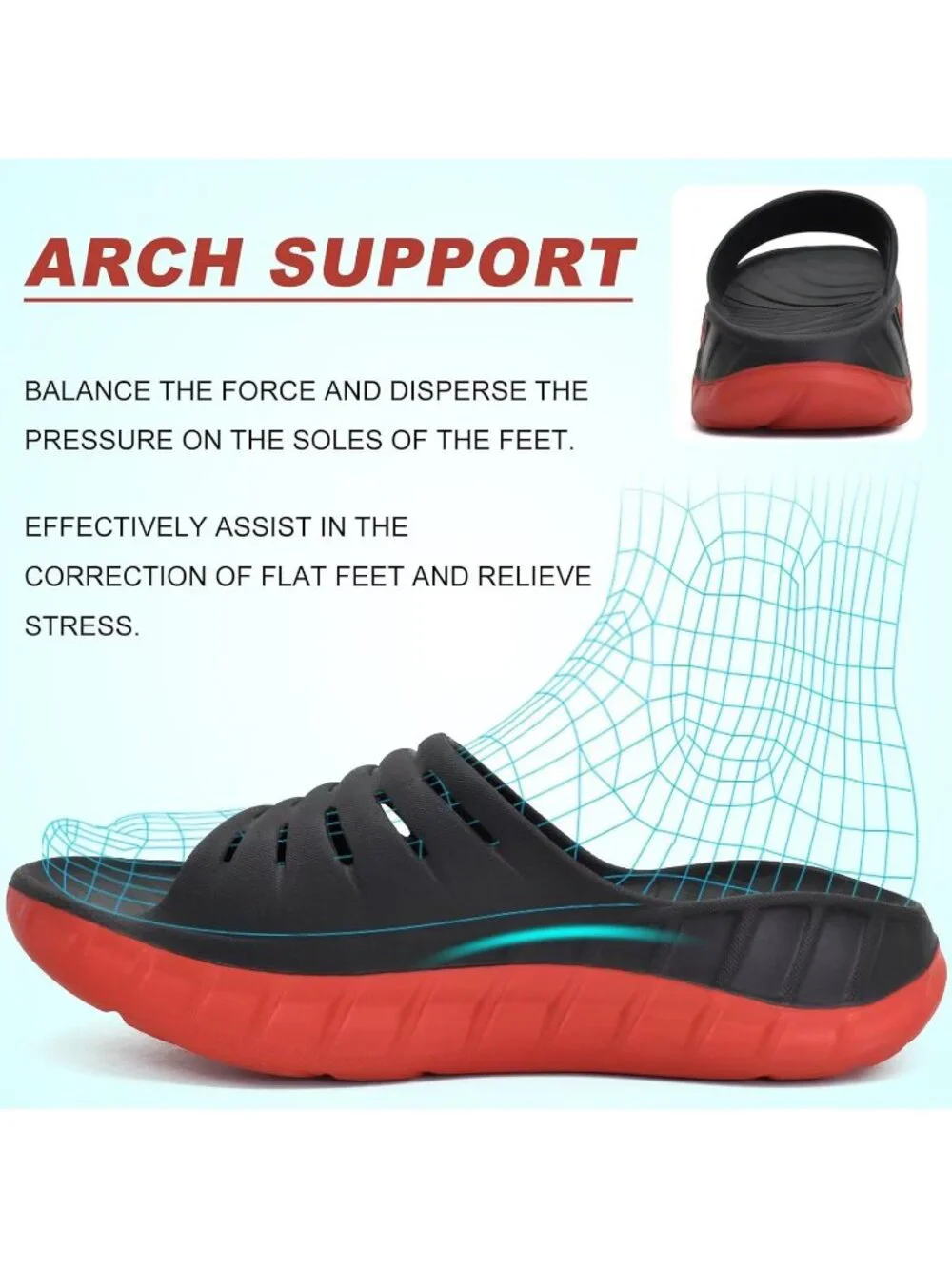 Men's Black 1 Sandals Orthotic Arch Support Open Toe Sport Slides Thick Cushion
